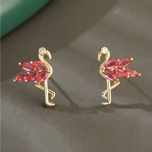 Rose Gold Flamingo Stud Earrings, Animal Earrings, - Picture 3 of 10
